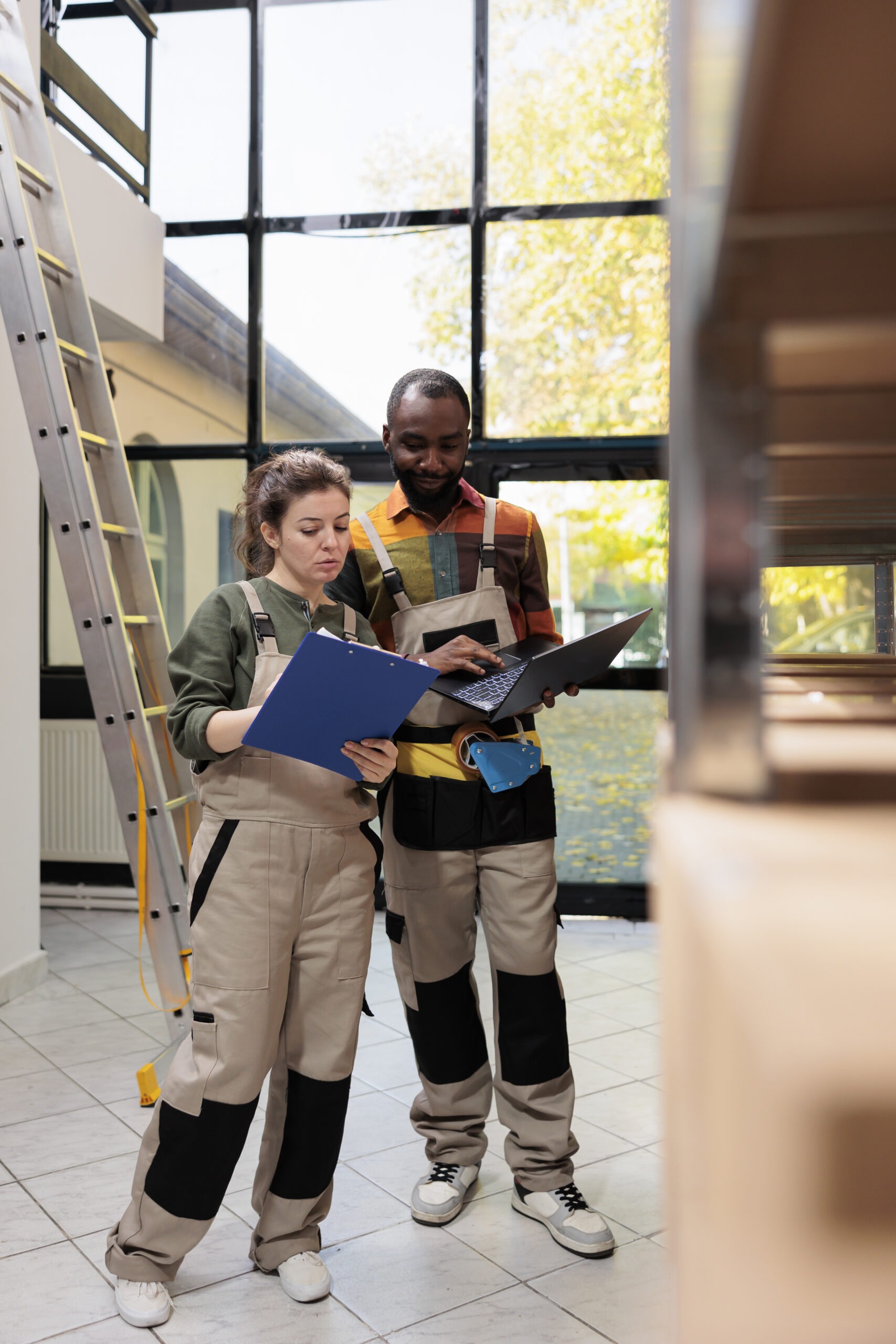 Diverse team working at storehouse inventory, checking logistics report before start shipping packages. African american manager analzing goods checklist, preparing clients orders with supervisor